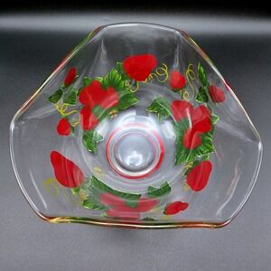 Hand Painted Strawberry Glass Serving Salad Bowl Triangular Ruffled Clear Red